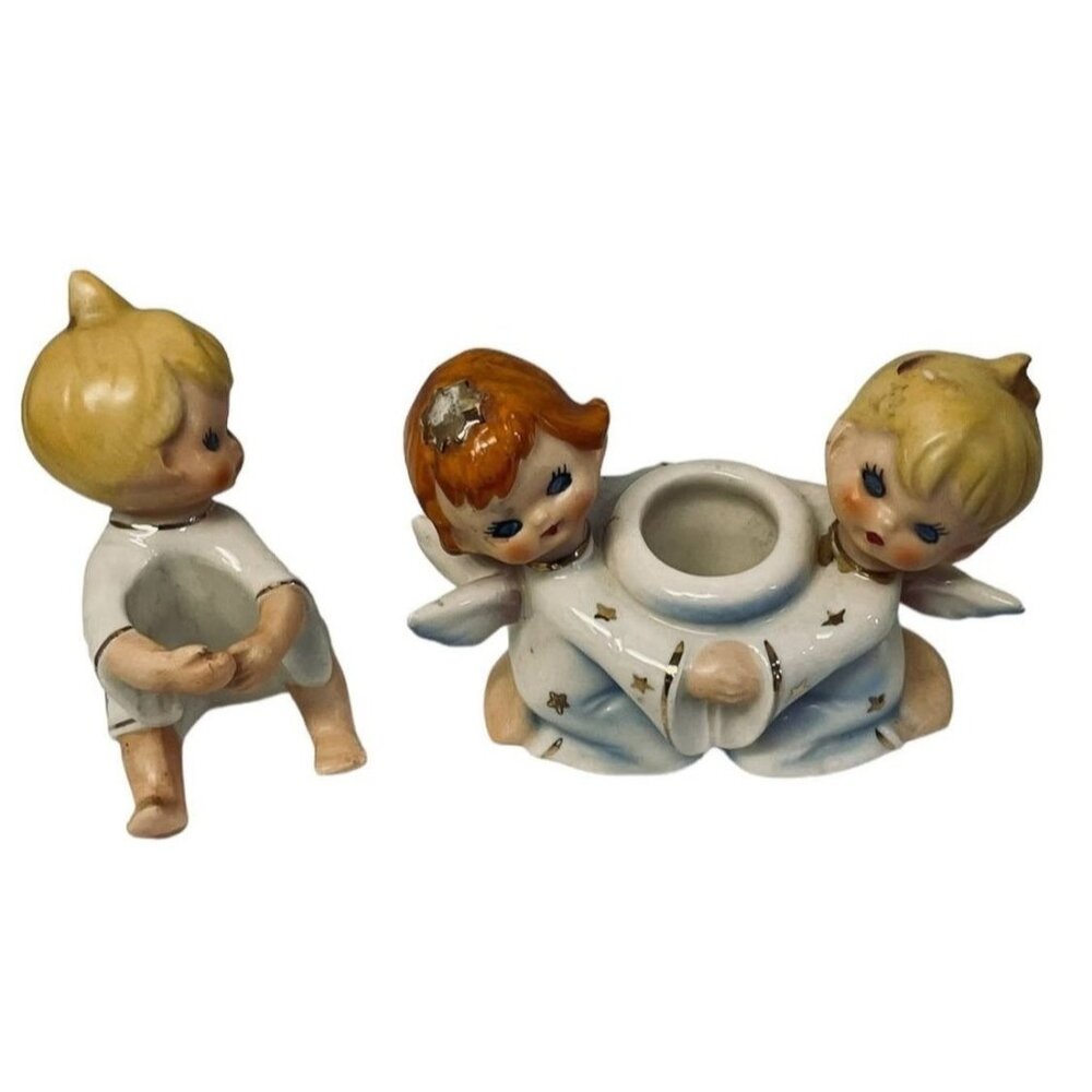 Vintage Lefton Angel Candle Holder‎ Ceramic Set 3" x 3.5"